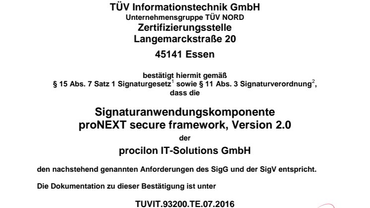 TÜV-IT Zertifikat proNEXT Secure Framework 2.0