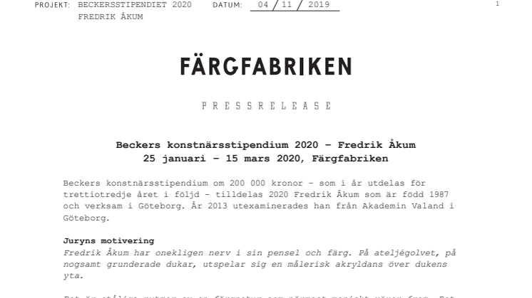 Fredrik Åkum tilldelas Beckers konstnärsstipendium 2020