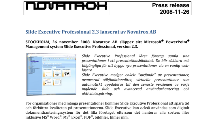 Slide Executive Professional 2.3 lanserat av Novatrox AB
