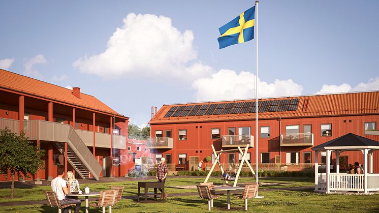 Illustration av innergården med gröna ytor och mötesplatser, BoKlok Golfklubban, Kallfors, Järna. 