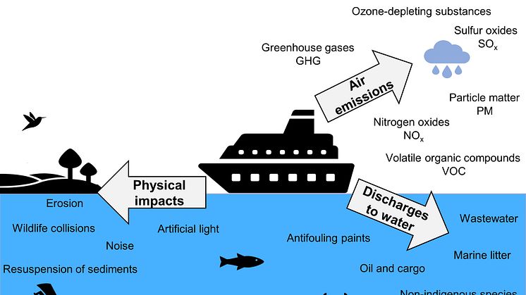 Illustration som visar resultatet från litteraturstudien om sjöfartens miljöeffekter.
