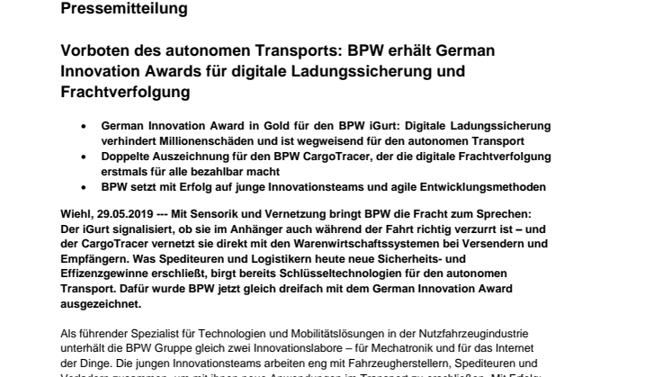 Vorboten des autonomen Transports: BPW erhält German Innovation Awards für digitale Ladungssicherung und Frachtverfolgung 