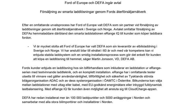 Ford of Europe väljer DEFA som partner inom elsbilsladdning