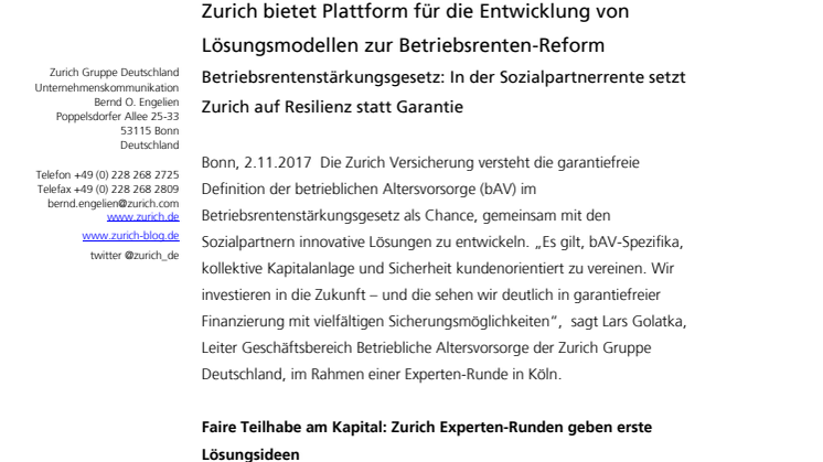 Zurich bietet Plattform für die Entwicklung von Lösungsmodellen zur Betriebsrenten-Reform