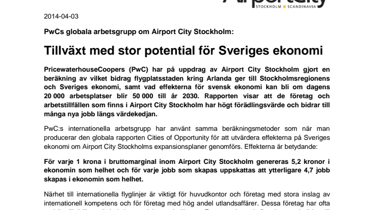 PwCs globala arbetsgrupp om Airport City Stockholm: Tillväxt med stor potential för Sveriges ekonomi
