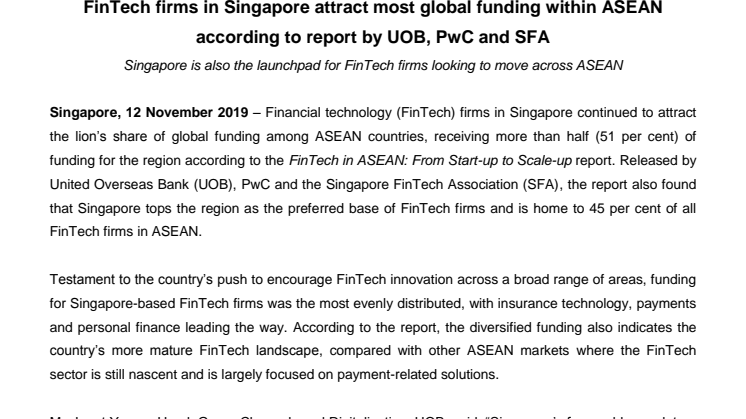 FinTech firms in Singapore attract most global funding within ASEAN according to report by UOB, PwC and SFA
