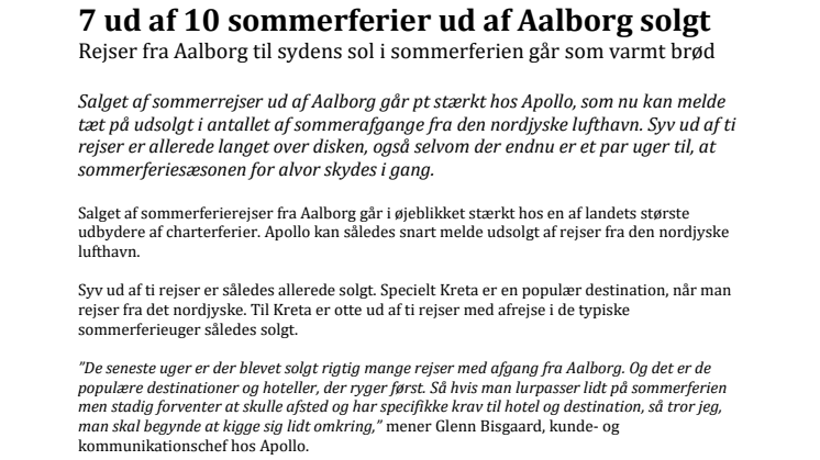 7 ud af 10 sommerferier ud af Aalborg solgt