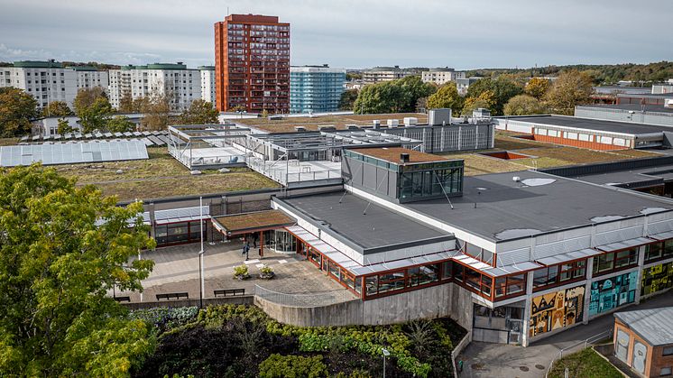 Frölunda Kulturhus nya gröna tak och takterrass.