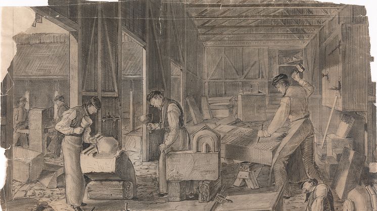 Trefoldighetskirkens steinhoggerverksted, 1852, tegning, blyant på papir, Wilhelm von Hanno.