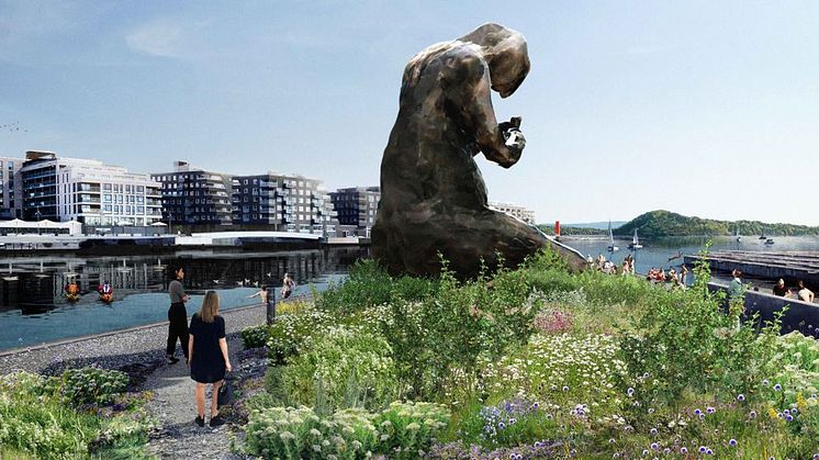 Skulpturen av Tracey Emin får endelig sin plass i blomsterenga. Illustrasjon og landskapsarkitektur av J & L Gibbons