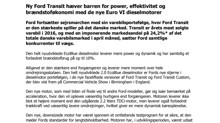 Ny Ford Transit hæver barren for power, effektivitet og brændstoføkonomi med de nye Euro VI dieselmotorer