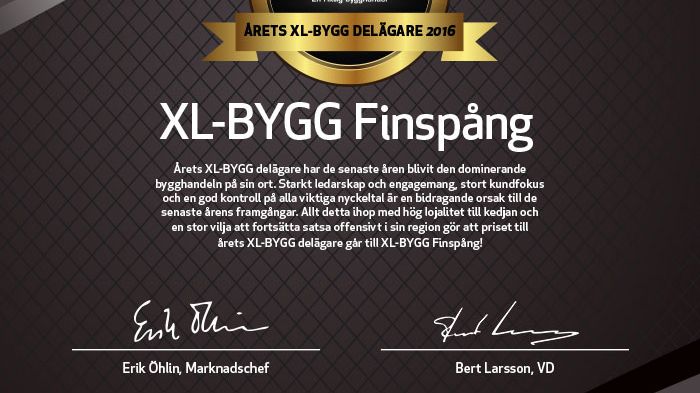 Årets XL-BYGG delägare 2016 är XL-BYGG Finspång