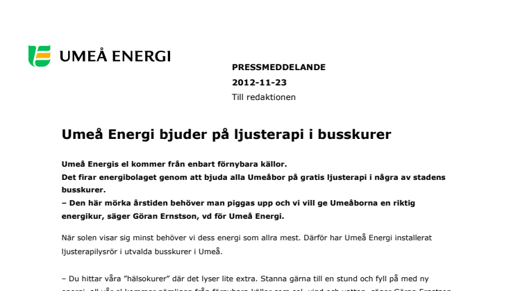 Umeå Energi bjuder på ljusterapi i busskurer