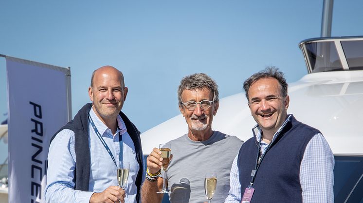 High res image - PMYS - Eddie Jordan with Princess Yachts CEO Antony Sheriff and Chief Operations Officer Paul Mackenzie at the Southampton Boat Show 2019. 