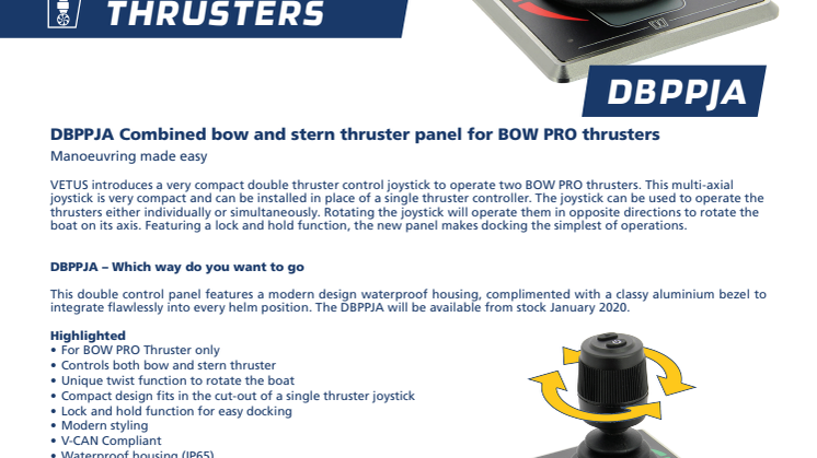 The VETUS DBPPJA combined bow and stern thruster panel for BOW PRO thrusters - Information Sheet