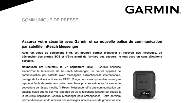 Garmin Press Release inReach Messenger 
