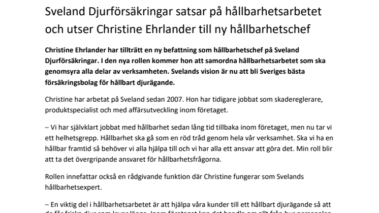 Sveland Djurförsäkringar satsar på hållbarhetsarbetet och utser Christine Ehrlander till ny hållbarhetschef