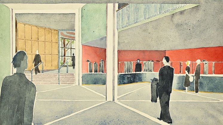 Akvarell (beskuren). 1948 deltar Alfred Weissenberg i en arkitekttävling om en ny musikhögskolebyggnad i Stockholm.