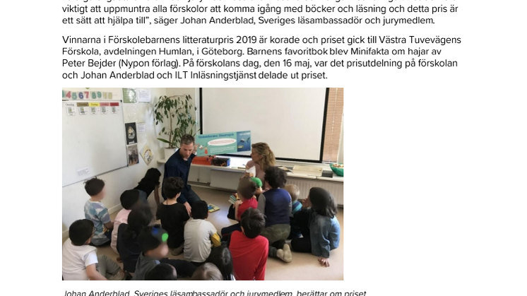 Sveriges läsambassadör och ILT Inläsningstjänst delar ut Förskolebarnens litteraturpris 
