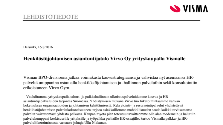 Henkilöstöjohtamisen asiantuntijatalo Virvo Oy yrityskaupalla Vismalle