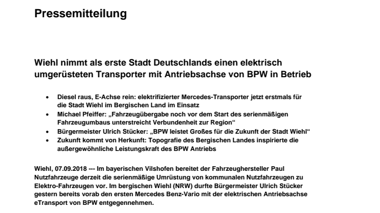 Wiehl nimmt als erste Stadt Deutschlands einen elektrisch umgerüsteten Transporter mit Antriebsachse von BPW in Betrieb