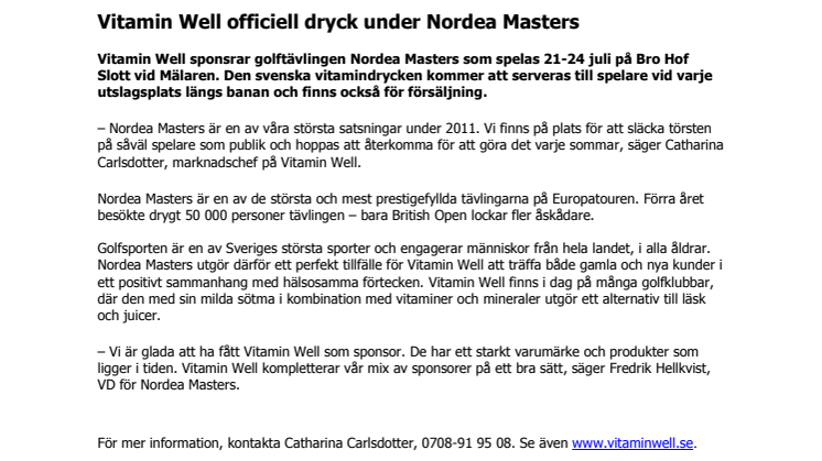 Vitamin Well officiell dryck under Nordea Masters