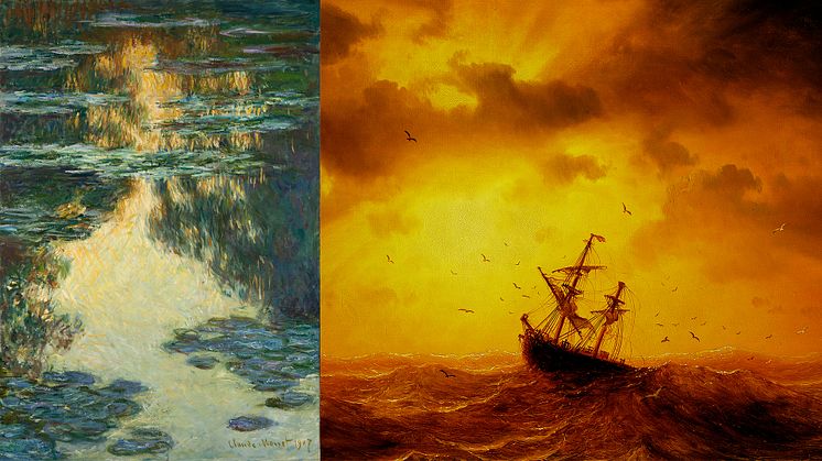 Claude Monet, Näckrosor. Foto: Hossein Sehatlou/Göteborgs konstmuseum. Marcus Larson, Storm på havet, 1857. Foto: Nationalmuseum.