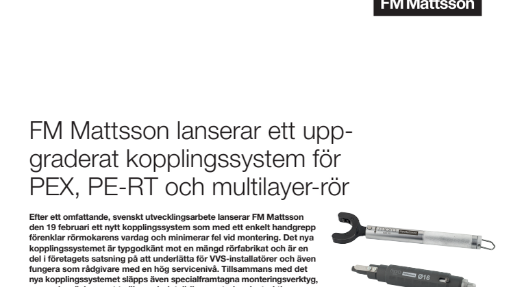 FM Mattsson lanserar ett uppgraderat kopplingssystem för PEX-, PE-RT-, PB- och multilayer-rör