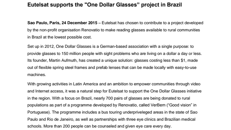 Eutelsat supports the "One Dollar Glasses” project in Brazil