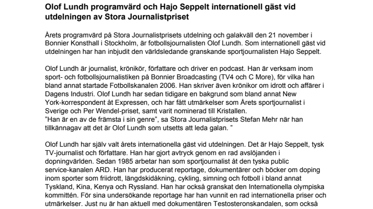 ​Olof Lundh programvärd och Hajo Seppelt internationell gäst vid utdelningen av Stora Journalistpriset