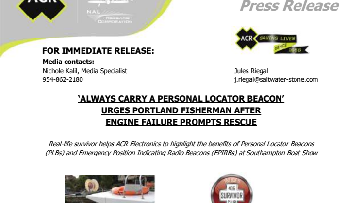 ACR Electronics: Southampton Boat Show: ‘Always Carry a Personal Locator Beacon’ Urges Portland Fisherman after Engine Failure Prompts Rescue