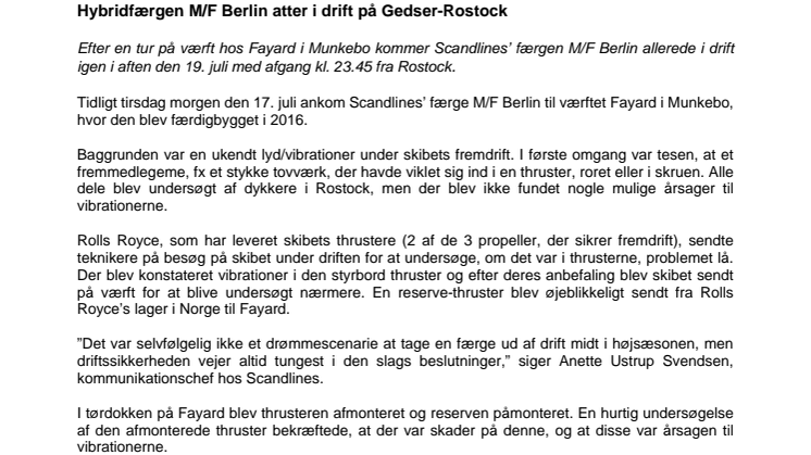 Hybridfærgen M/F Berlin atter i drift på Gedser-Rostock