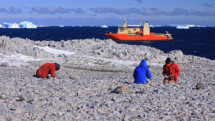 Researchers collecting radiocarbon samples on the Lindsey Islands, Pine Island Bay, Antarctica