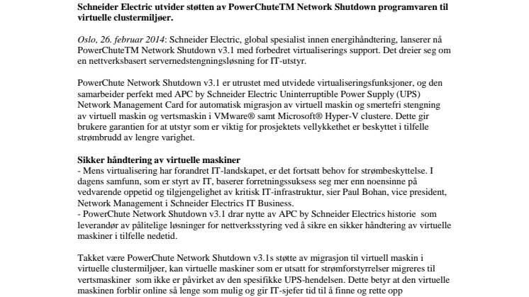 Utvider støtten av PowerChuteTM Network Shutdown programvaren til virtuelle clustermiljøer