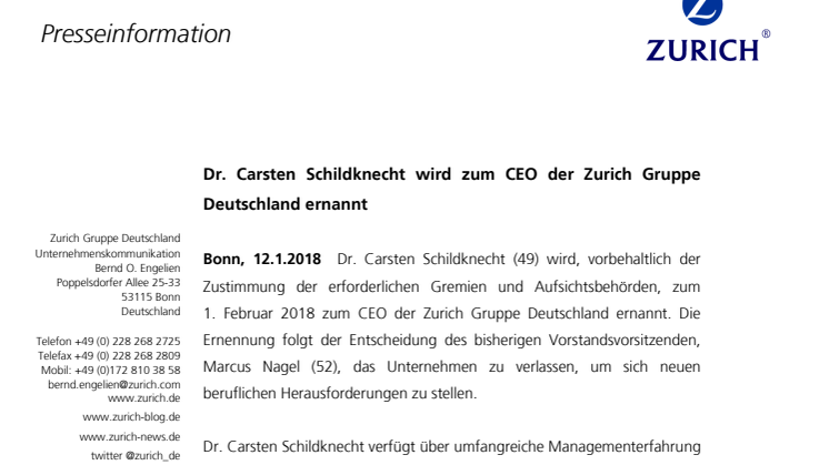 Dr. Carsten Schildknecht wird zum CEO der Zurich Gruppe Deutschland ernannt