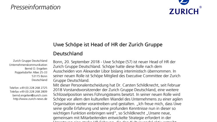Uwe Schöpe ist Head of HR der Zurich Gruppe Deutschland 