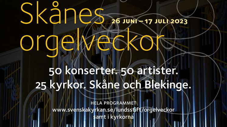 50 konserter, 50 artister, 25 kyrkor i Skåne och Blekinge. 41:a året med Skånes orgelveckor arrangeras 26 juni-17 juli.
