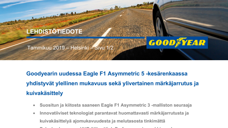 Goodyearin uudessa Eagle F1 Asymmetric 5 -kesärenkaassa yhdistyvät ylellinen mukavuus sekä ylivertainen märkäjarrutus ja kuivakäsittely 