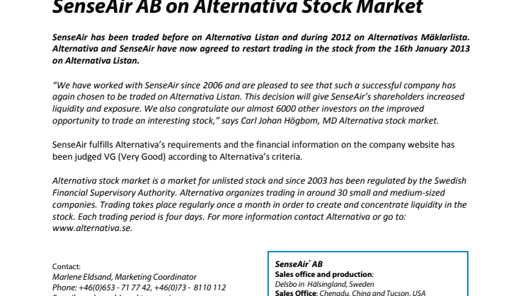 SenseAir AB on Alternativa Stock Market