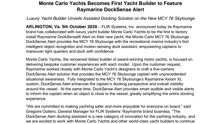 Monte Carlo Yachts Becomes First Yacht Builder to Feature Raymarine DockSense Alert 