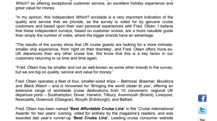 Fred. Olsen Cruise Lines is named one of the Top 3 cruise lines in the UK and a ‘Recommended Provider’ in first-ever Which? cruise survey