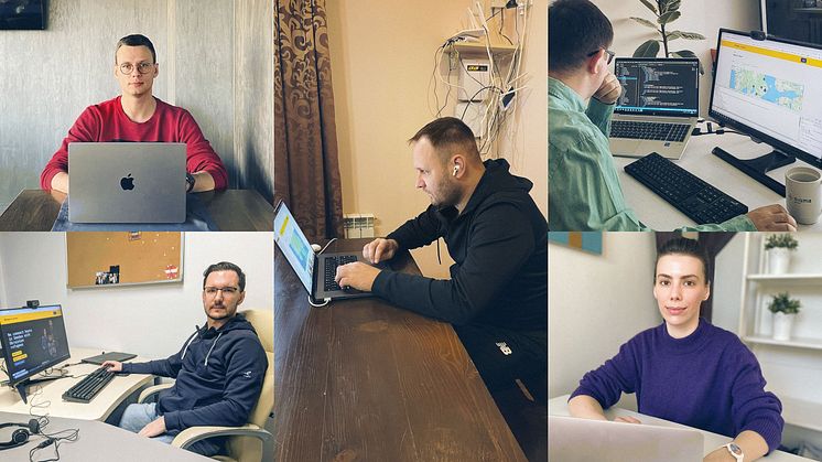 Teamet på Sigma Software som utvecklat plattformen Swedes for Ukraine: Dmytro Kapustianskyi, Artem Kostenko, Pavlo Shyian, Vladyslav Plotnyk och Vera Prokudina.