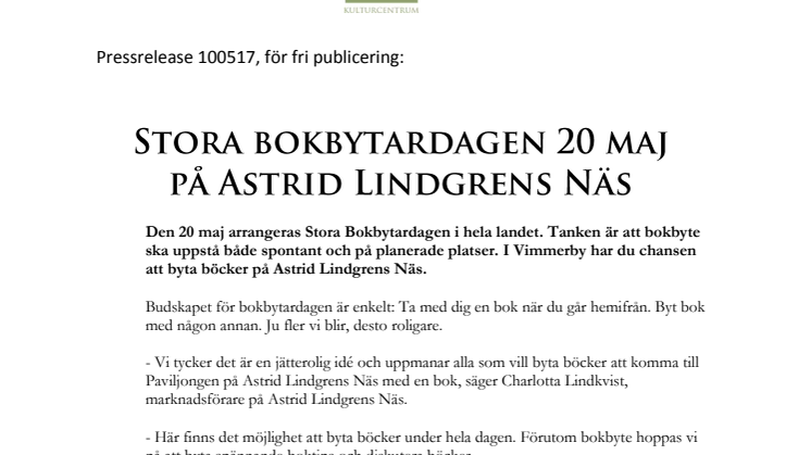 Stora bokbytardagen 20 maj på Astrid Lindgrens Näs