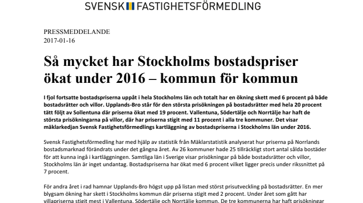 Så mycket har Stockholms bostadspriser ökat under 2016 – kommun för kommun