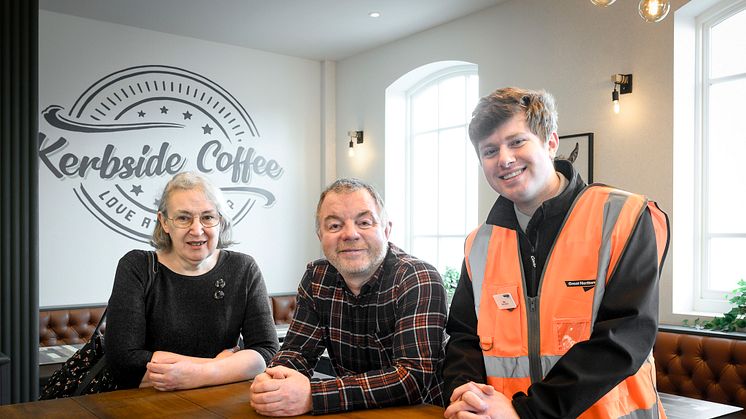 Business boom at Hatfield station: HART's Mary Lowe, Jason Harris, founder of Kerbside Coffee, and Ollie Cassidy, Great Northern Station Assistant