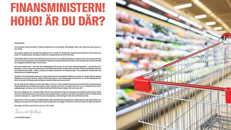 Livsmedelsföretagens öppna brev till finansministern har publicerats i Aftonbladet, Expressen, DN och DI. 