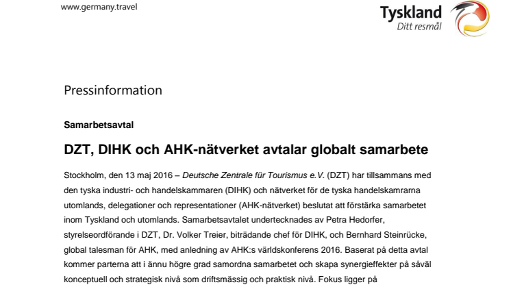 ​DZT, DIHK och AHK-nätverket avtalar globalt samarbete