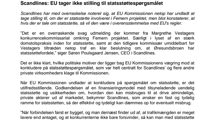 Scandlines: EU tager ikke stilling til statsstøttespørgsmålet