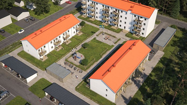 Översiktsillustration av det nya kvarteret BoKlok Polarnatten i Gällivare. 