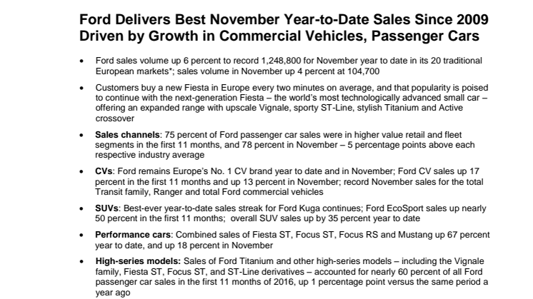 Ford Delivers Best November Year-to-Date Sales Since 2009 Driven by Growth in Commercial Vehicles, Passenger Cars